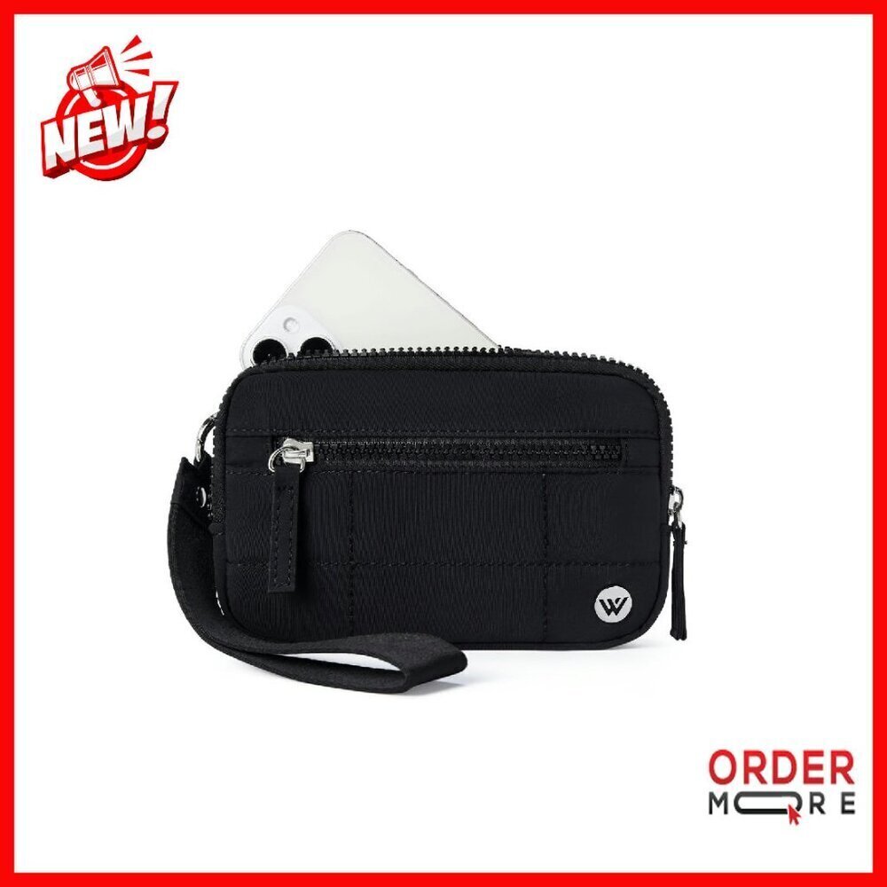 Nylon Quilted RFID Wristlet Wallet with 3 Zippers - Compact Travel Purse